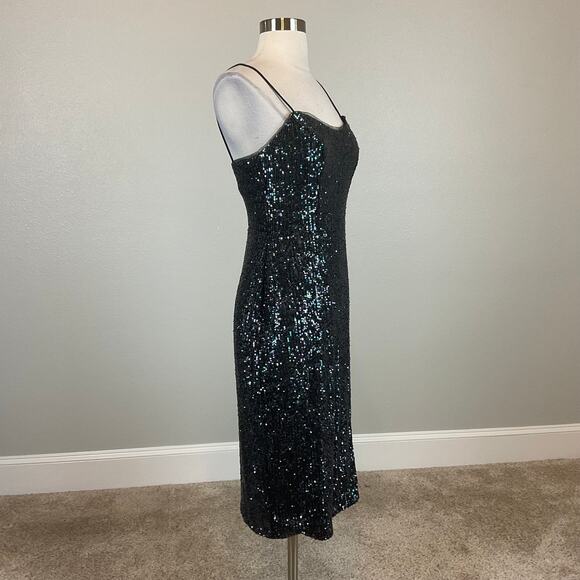 Black Sequined Cocktail Dress Size 6 Sleeveless Midi Sheath by AQUA - Picture 2 of 12